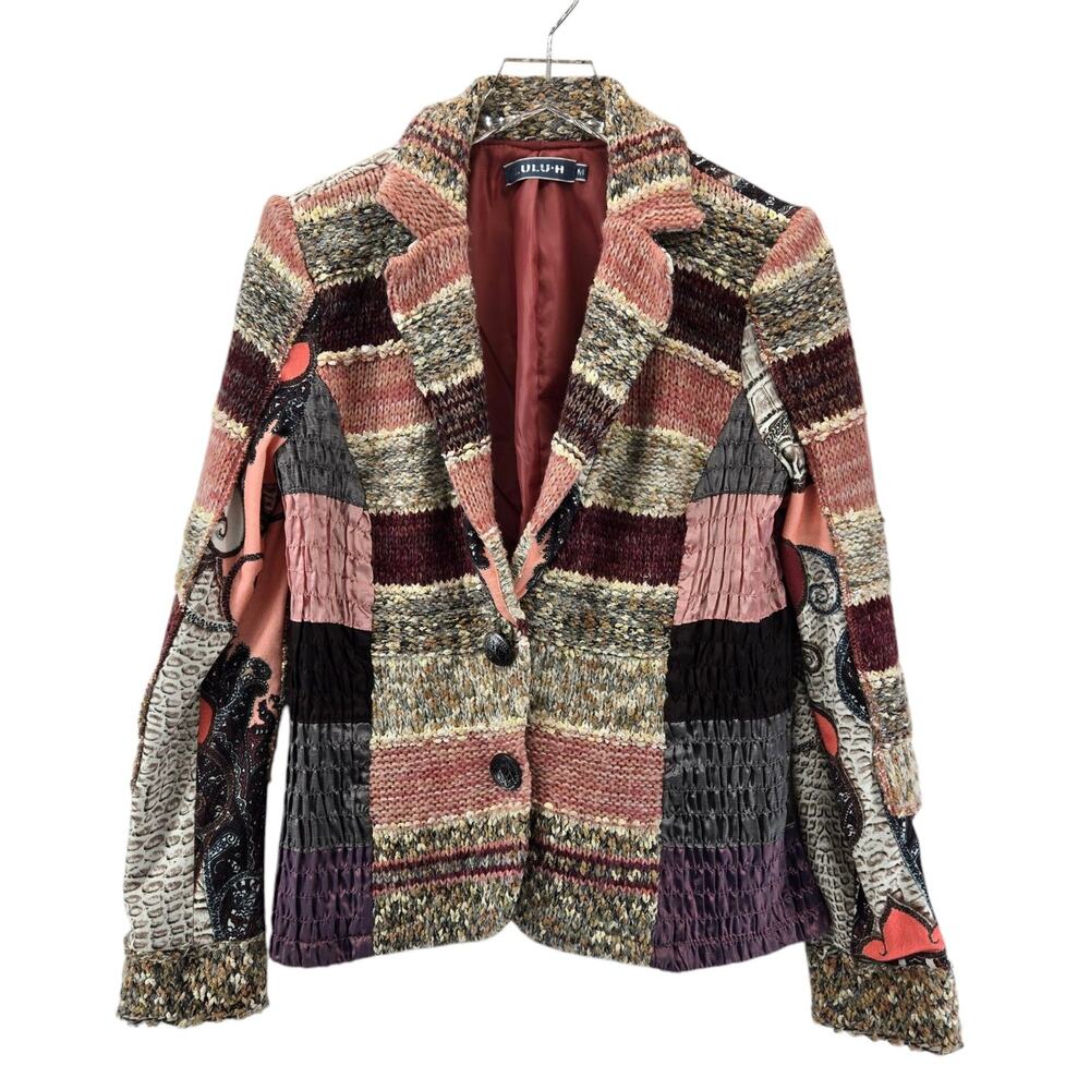 Lulu H Patchwork Jacket Blazer Womens Medium Mixed‎ Media Bohemian Y2K Boho Pink